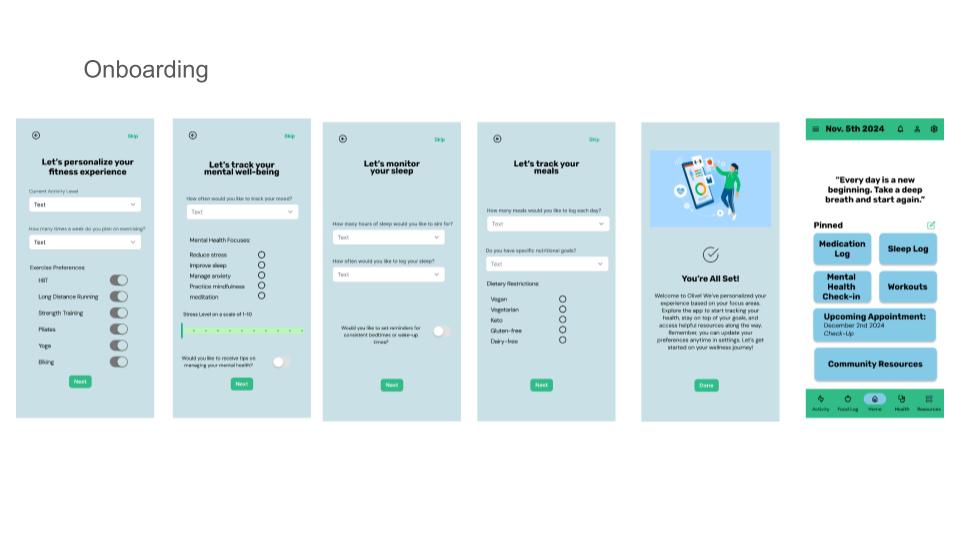 Olive app onboarding screen two, showing health goals selection