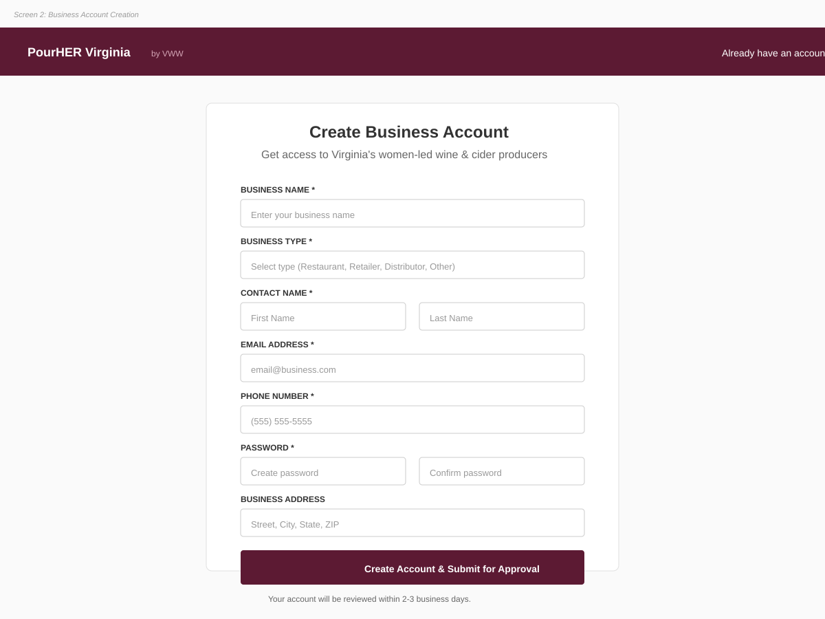 Business signup wireframe showing winery registration form and account creation flow