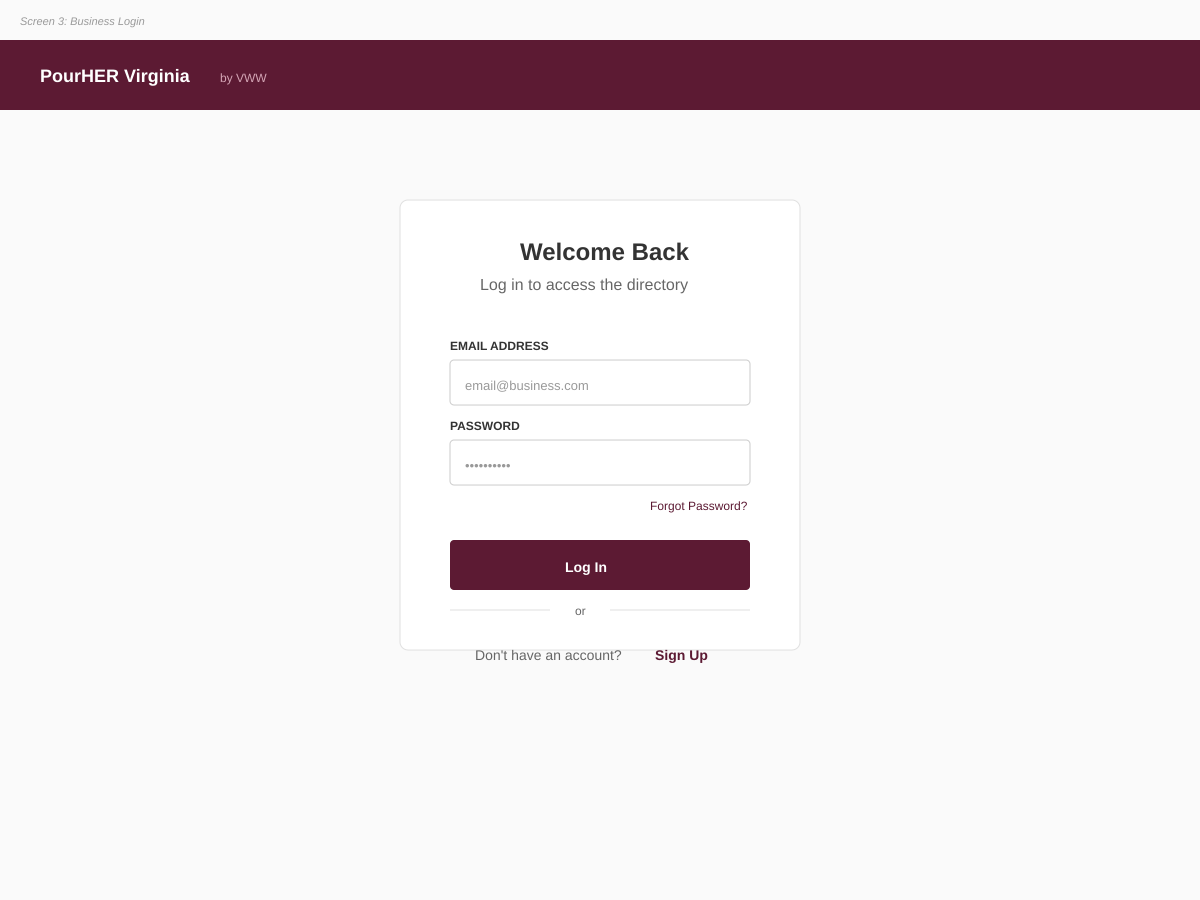 Business login wireframe showing authentication screen for returning winery accounts